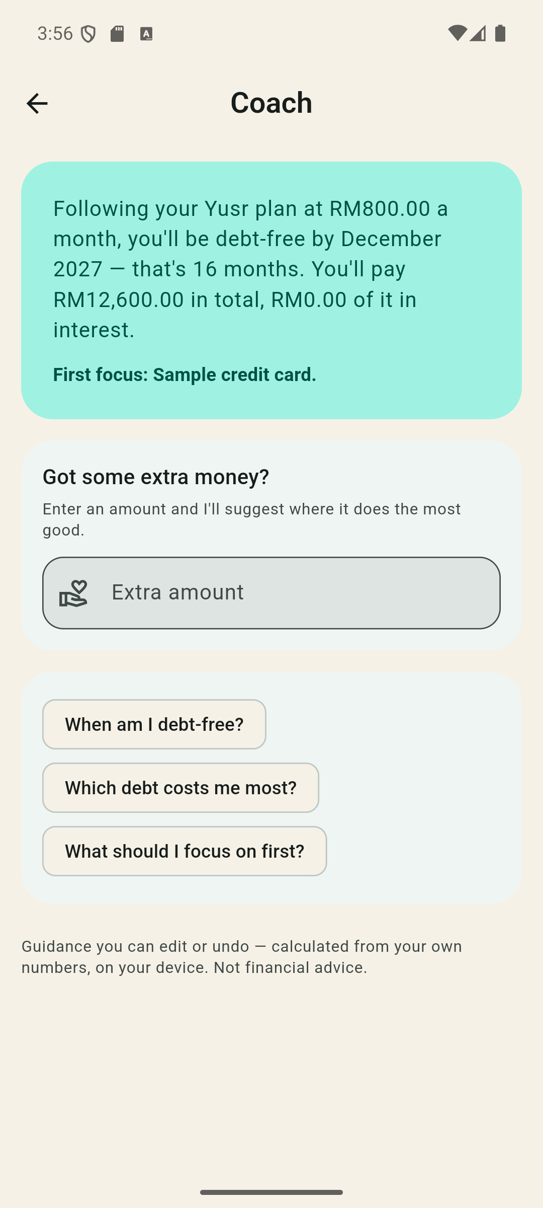 Yusr on-device coach showing a payoff summary and windfall input